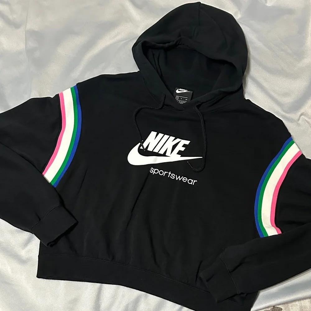Nike Black Cropped Hoodie with Multicolor sleeve Accents size small
